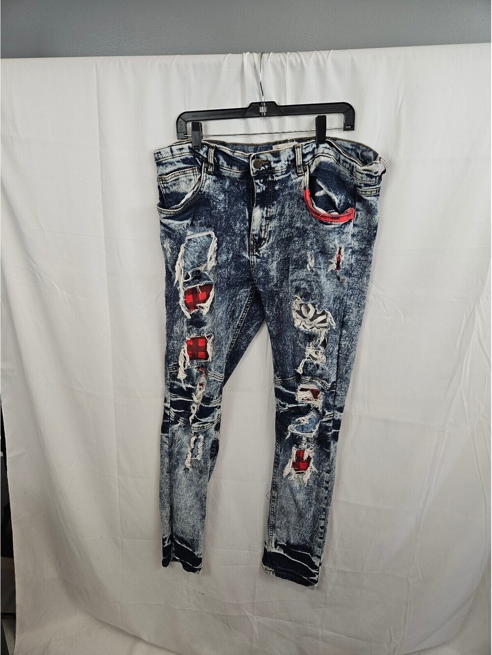 FWRD Denim Acid Wash Distressed Jeans with Red Plaid Patch